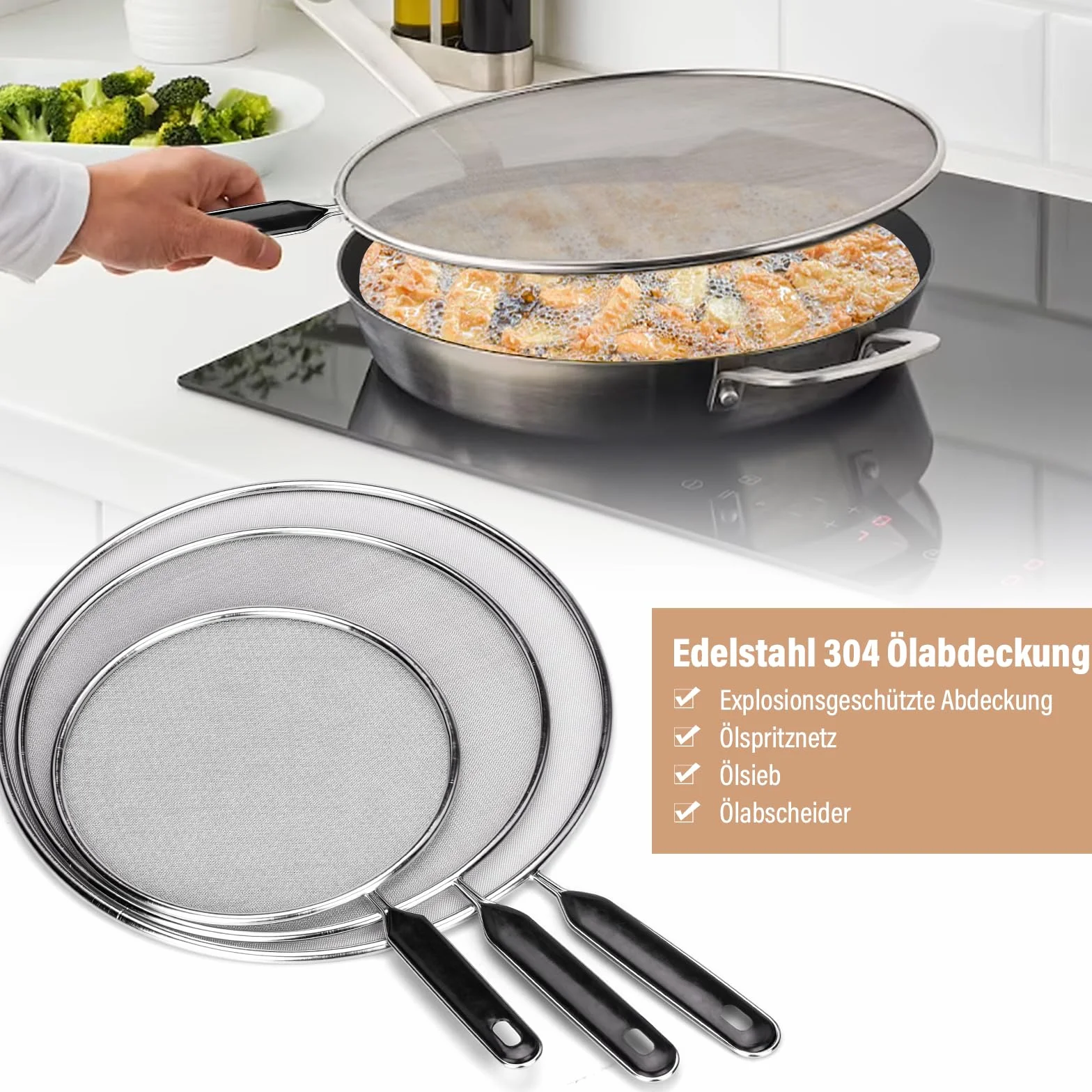3 Pezzi Paraschizzi Padella Paraspruzzi in Acciaio Inox con Manico Coperchio Antischizzo Paraschizzi Cucina Diametro 19 cm 25 cm 29 cm per Molte Padelle