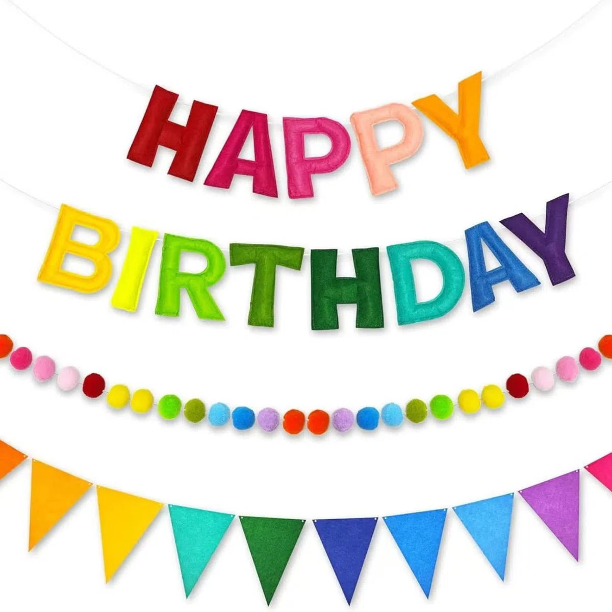 Happy Birthday Banner, Riutilizzabile Banderole Buon Compleanno, Arcobaleno Catena di Gagliardetti con Lettere e Palle di Feltro, Ghirlanda Preassemblata Decorazioni per Festa di Compleanno