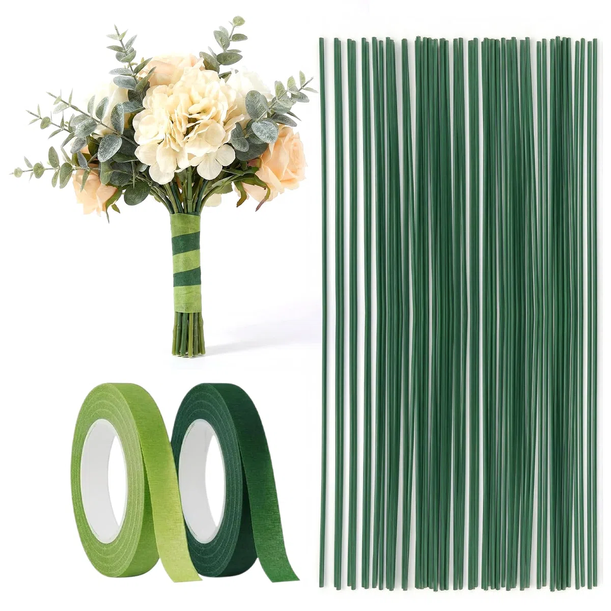 200 Pezzi Steli per Fiori Finti 30 cm, Filo di Ferro per Fioristi Verde con 2 Rotoli Nastro Floreale Adesivo, Filo Metallico Flessibile per Composizioni Floreali, Bouquet Sposa, Ghirlande e Fai da Te