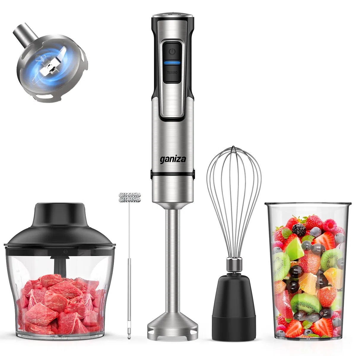 Ganiza Frullatore a immersione 5 in 1, 1200 W con controllo della velocità e modalità Turbo, in acciaio inossidabile, completo di tritatutto, frusta, montalatte e misurino, ideale per zuppe e frullati