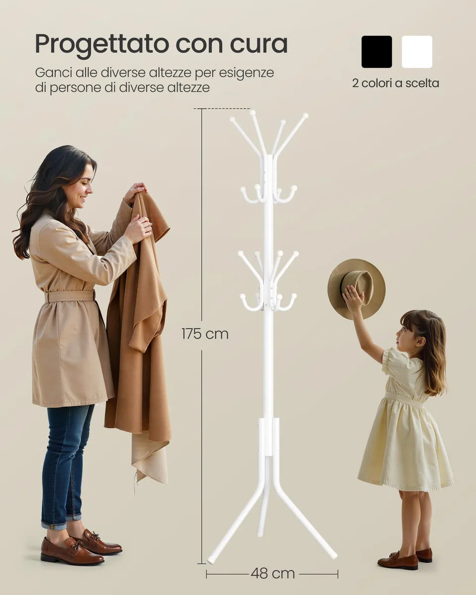 SONGMICS Appendiabiti da Terra, Attaccapanni in Metallo, per Vestiti Borse Cappelli, Altezza 175 cm, 16 Ganci, Ingresso Soggiorno Camera da Letto, Bianco Nuvola RCR081WC01