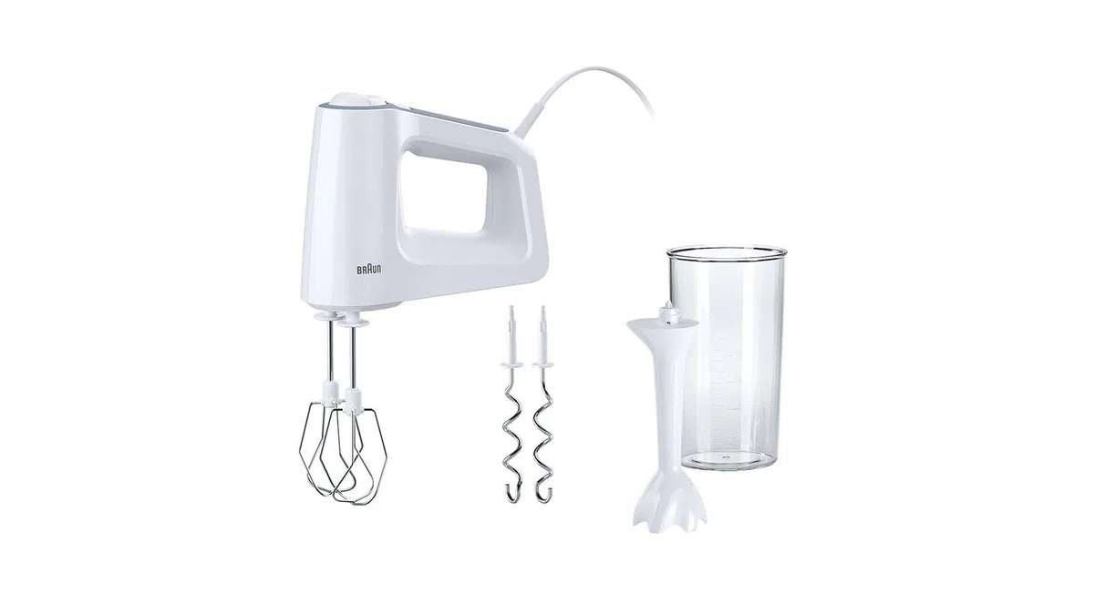 Braun HM3105WH MultiMix Serie 3, Sbattitore Elettrico a 5 Velocità e Turbo, Impugnatura Antiscivolo, Dotato di 2 fruste, 2 Ganci, Asta per Montare e Bicchiere Graduato da 600ml, Potenza 500 W, Bianco