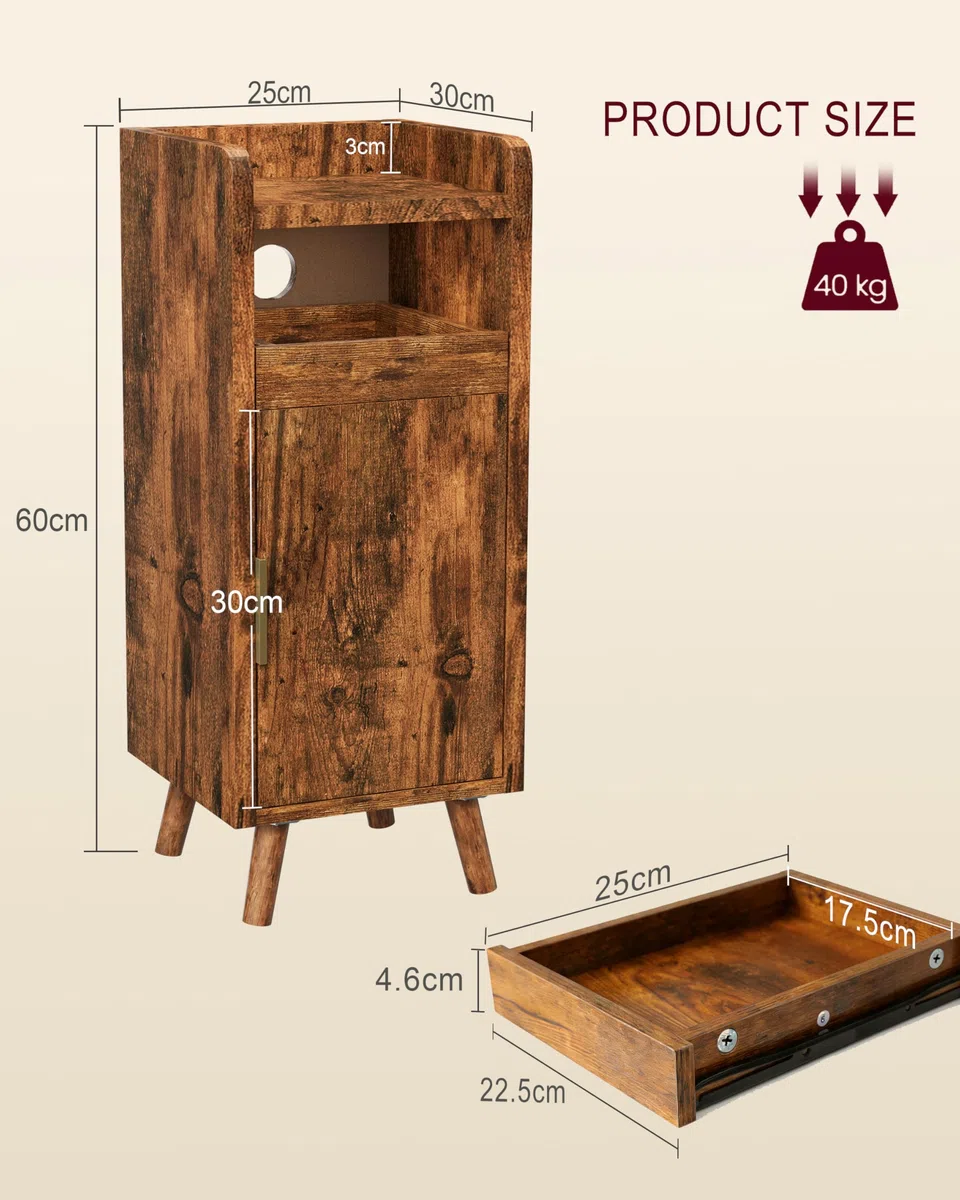 Comodino marrone, set da 2 pezzi, con vassoio estraibile e porta, comodino con manico in metallo, gambe in legno massiccio, comodini con scomparto aperto, comodino per camera da letto