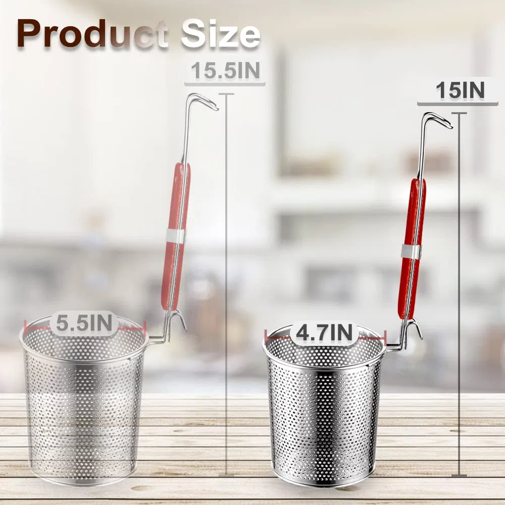 TENTA KITCHEN Micro-Perforated Stainless Steel Pasta Basket Mesh Spider Food Dumpling Noodle Strainer, Skimmer Kitchen Fine Sieve with Wooden Handle (4.72 inch)