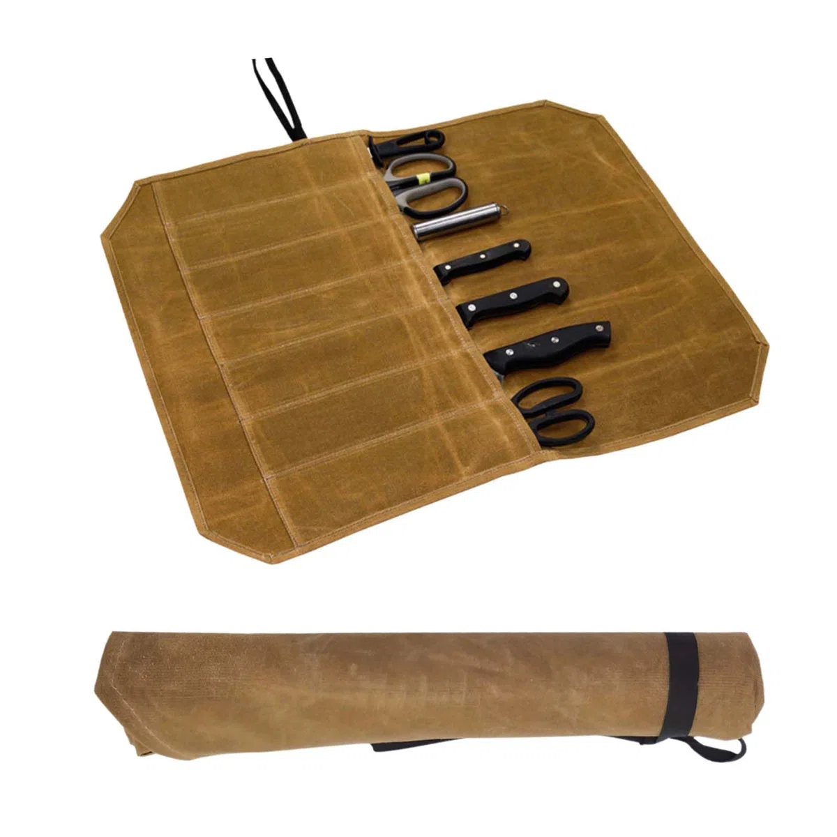 Borsa arrotolabile per cuochi con 7 scomparti, borsa portatile per coltelli da cuoco, custodia per coltelli, in tela cerata, multifunzionale, colore: cachi