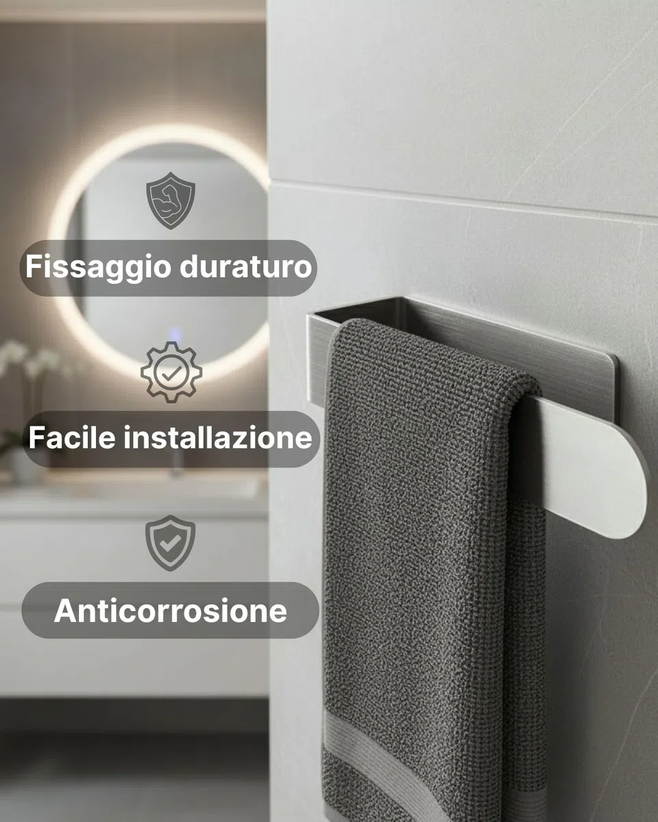 Porta Asciugamani Bagno - Acciaio Inossidabile - Adesivo Forte 3M - Nessuna Perforazione - Facile da Installare - Supporta Fino a 5 kg - Lunghezza 23 cm