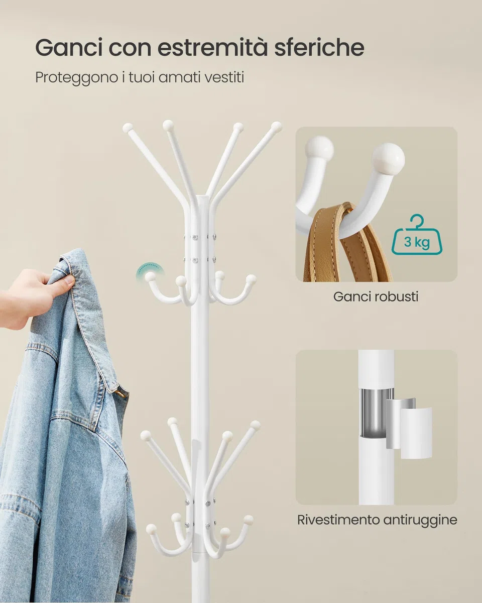 SONGMICS Appendiabiti da Terra, Attaccapanni in Metallo, per Vestiti Borse Cappelli, Altezza 175 cm, 16 Ganci, Ingresso Soggiorno Camera da Letto, Bianco Nuvola RCR081WC01