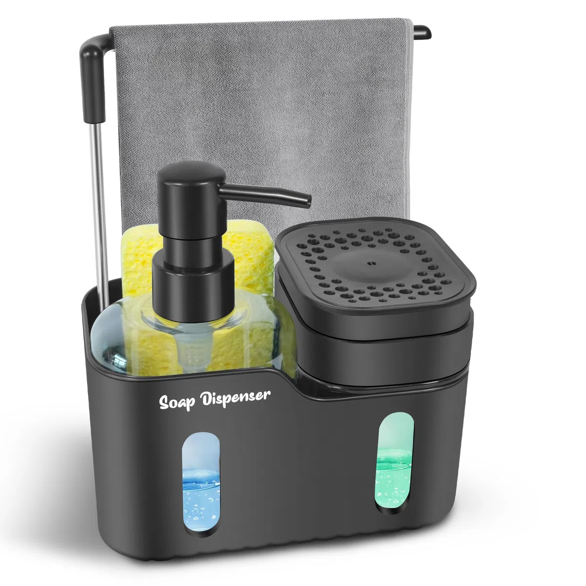 Set doppio di dispenser di sapone per lavello da cucina, dispenser di sapone 4 in 1 per mani e piatti con supporto per spugna, portaspazzole e gancio per strofinacci, design rimovibile e antiscivolo