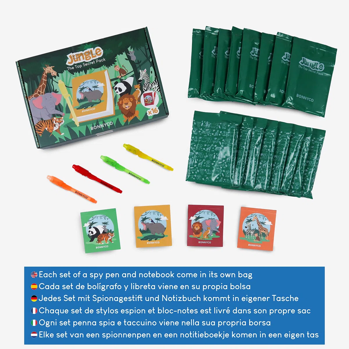 BONNYCO Penna Invisibile e Taccuino, 16 Pezzi Animali Giungla Gadget Compleanno Bambini. Regalini Fine Festa Compleanno Bambino, Regalino Fine Festa Pignatta. Penne Magiche, Gadget Bambini Animali