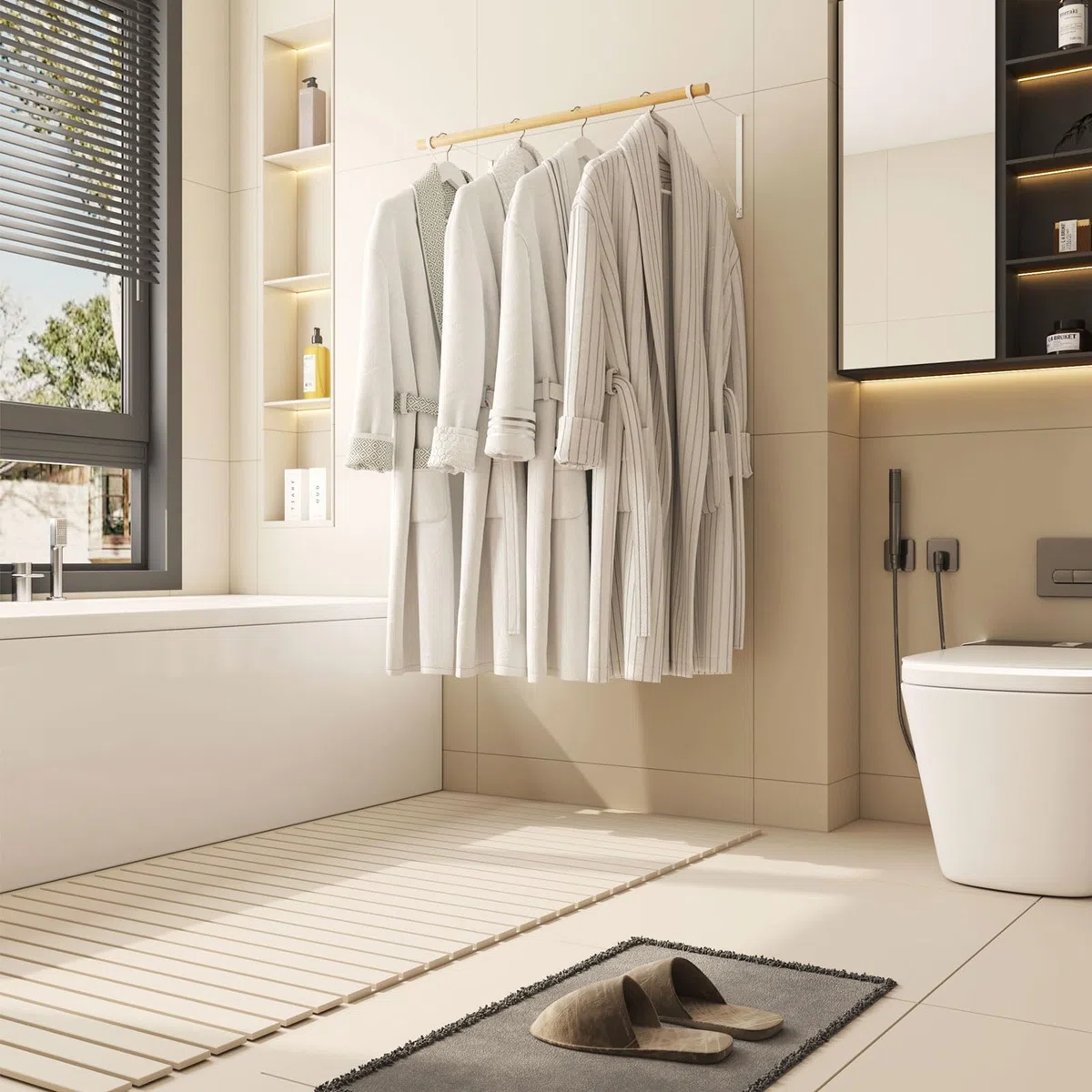 IBUYKE Appendiabiti da parete per armadio, barra per vestiti a muro in legno, mobile per corridoio in stile industriale, moderna barra per armadio, appendiabiti per ingresso, parete, porta, bagno