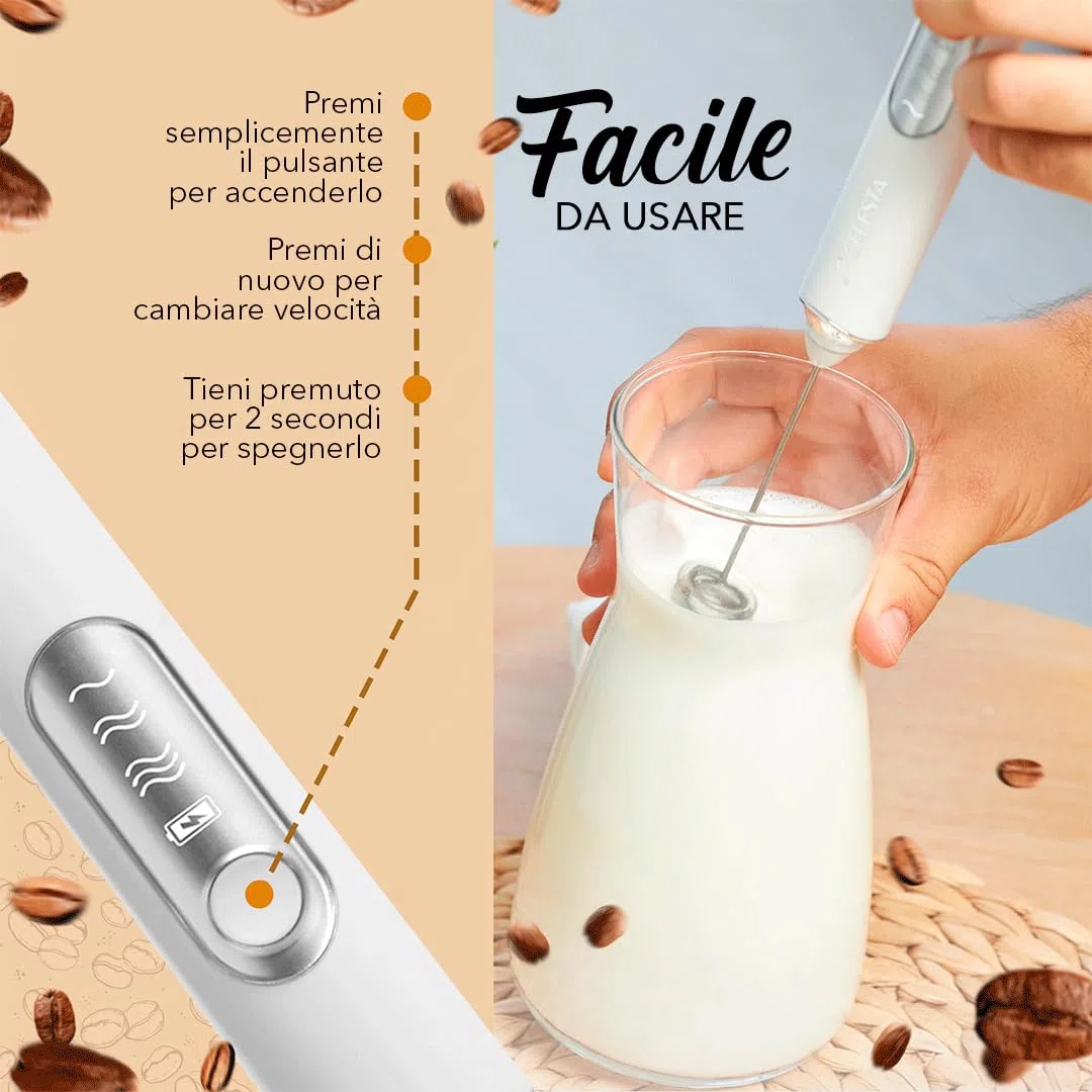 Montalatte elettrico portatile Celesta - Montalatte ricaricabile tramite USB - 2 fruste in acciaio inossidabile + cavo USB, montalatte e sbattitore per le uova