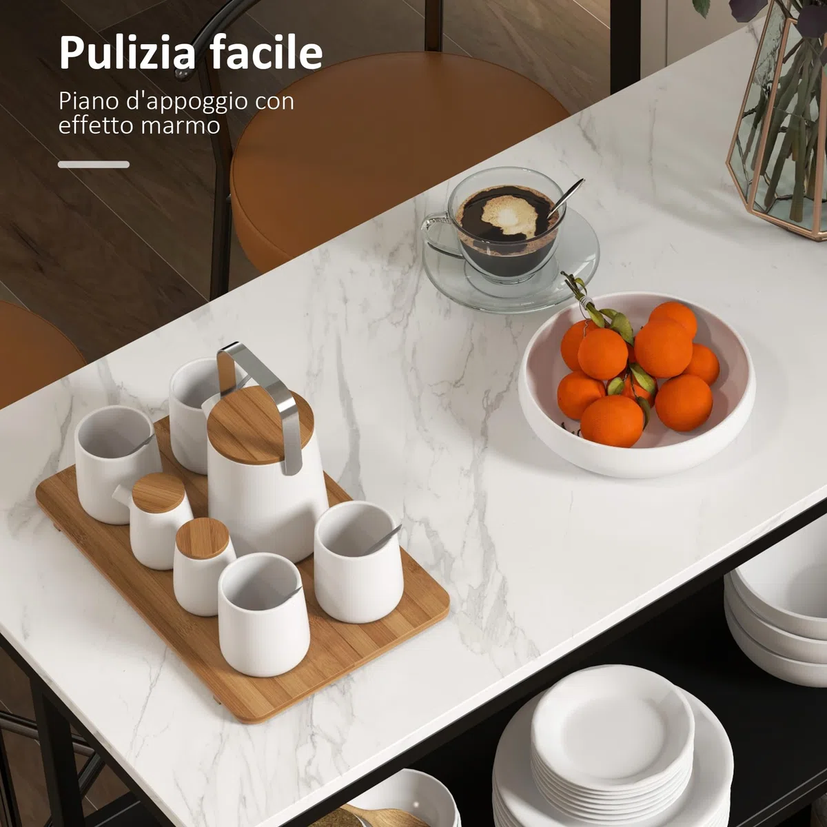 HOMCOM Isola da Cucina Bancone Bar con Ripiani, Scaffale da Cucina con Piano Effetto Marmo e Struttura in Metallo, 100x50x90cm, Nero e Bianco