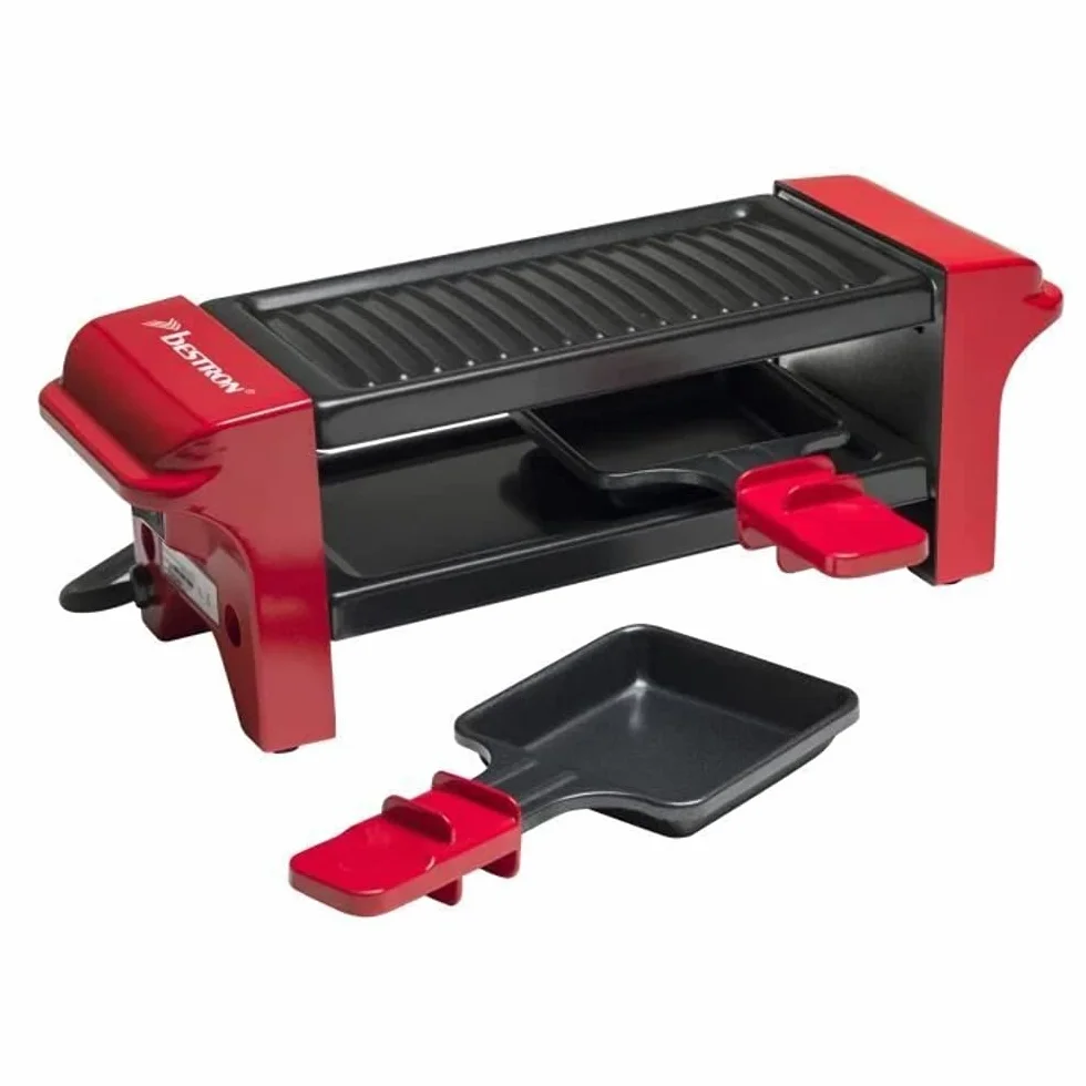 Bestron Mini Raclette per 1-2 Persone, Mini griglia da tavolo con 2 padelline e 2 spatole in legno, Piastra per Raclette con 350 watt, colore: Rosso/Nero