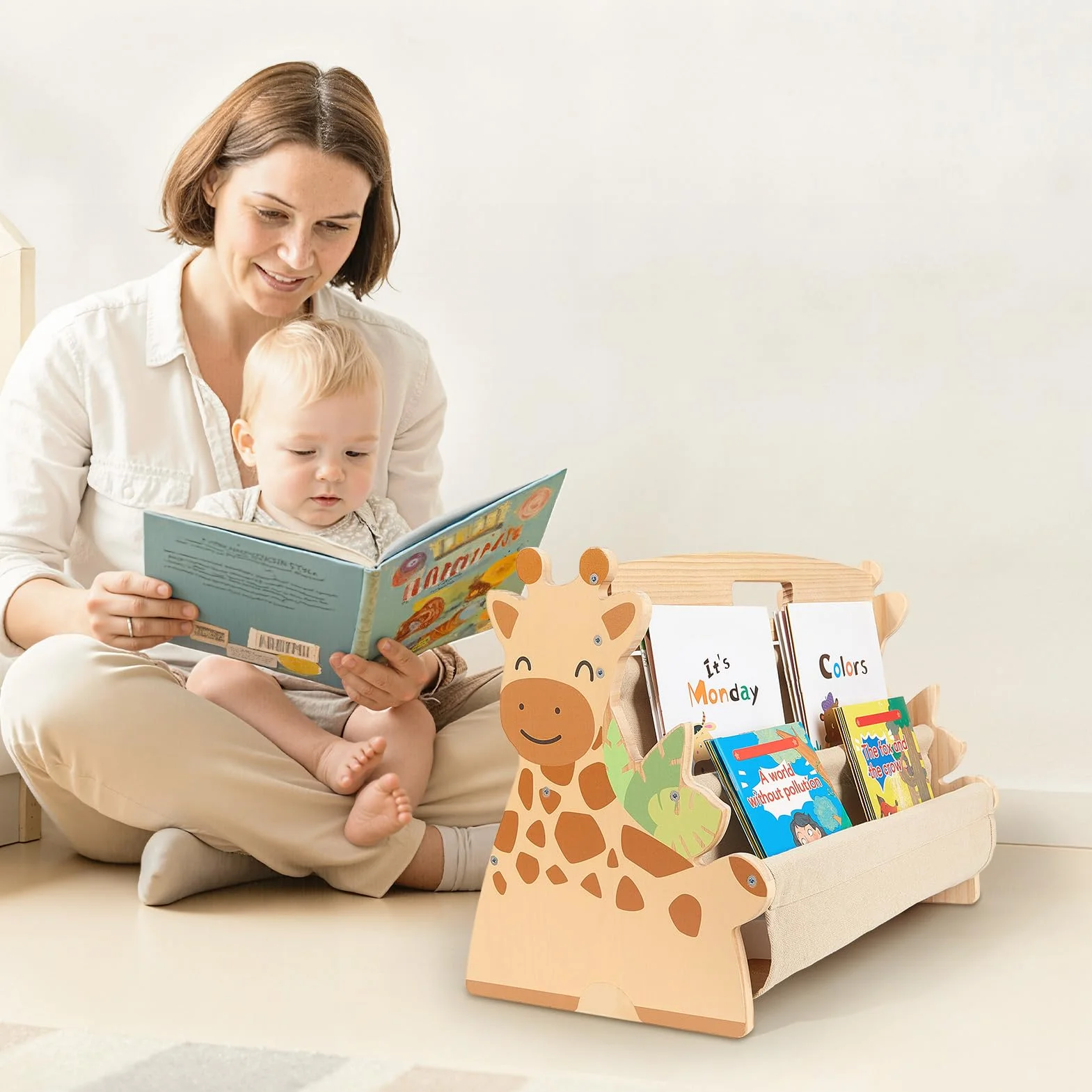 MHJY Libreria per Bambini in Legno - Scaffale Porta Libri Doppia Faccia con Tasche in Tela, Stile Montessori Portatile con Maniglia, Organizer Giochi per Cameretta, Asilo e Scuola Materna
