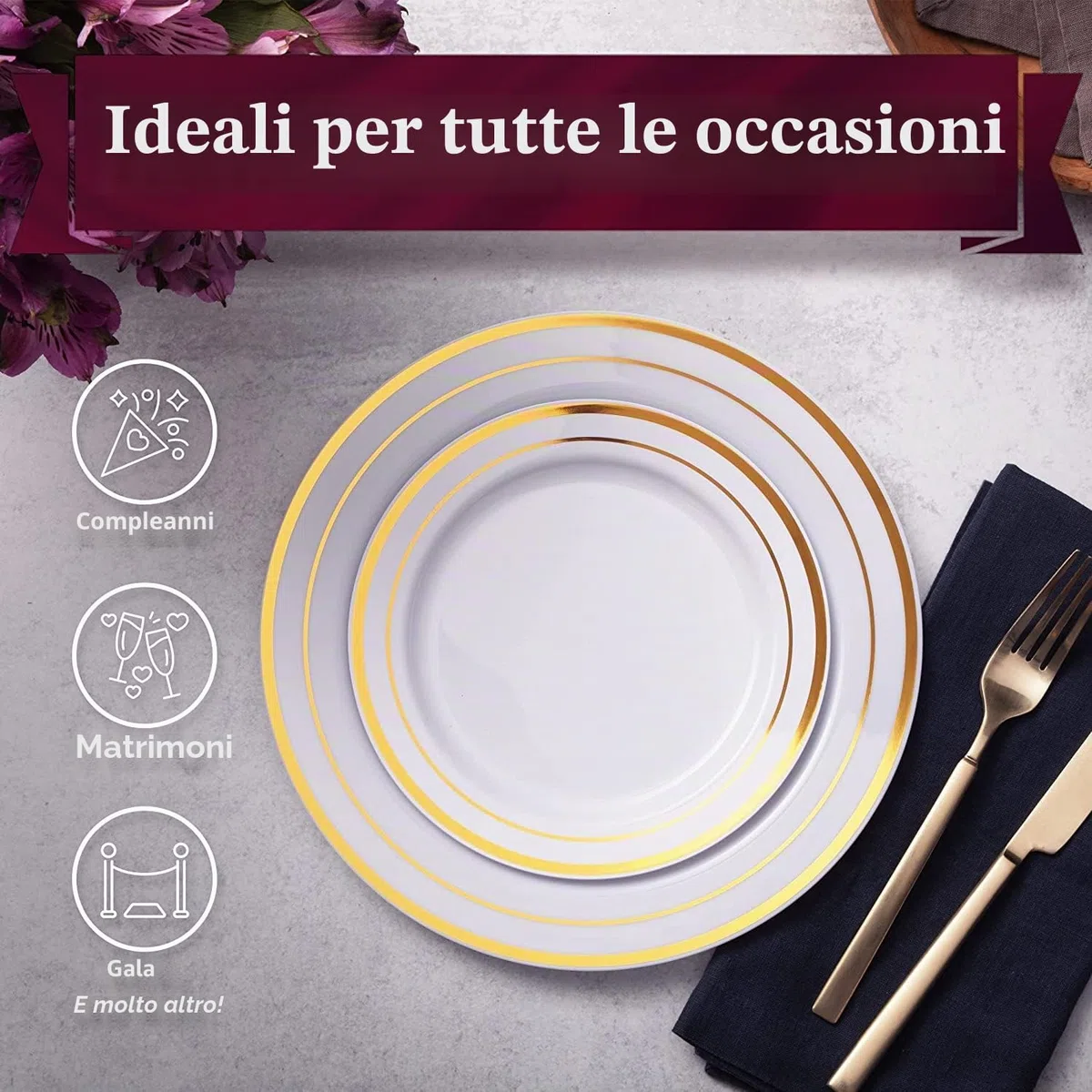 LATERN 60 Pezzi Stoviglie in Plastica Dorata, 30 Piatti Piani da 26cm + 30 Piatti per Insalata da 19cm, Piatti di Plastica Riutilizzabili per Festa di Dessert Giardino Anniversario Matrimonio