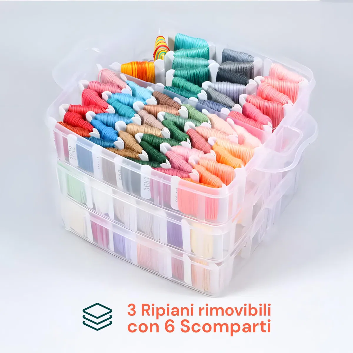 Avilia Kit Ricamo Completo - 150 Fili Colorati Già Avvolti - Organizer 3 Livelli 6 Scomparti - Aghi, Infila Aghi, Accessori Punto Croce Inclusi - Set DIY Braccialetti Amicizia Adulti e Bambini