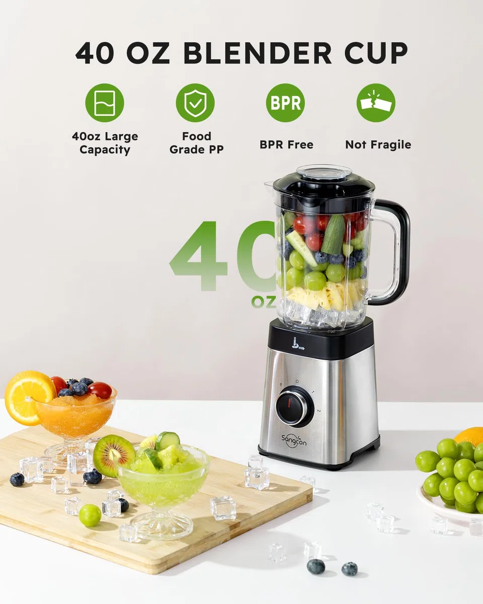 Sangcon Frullatori da Cucina e Robot da Cucina Combo, Frullatore 5 in 1 per Frullati e Carne Macinata, Controllo a 3 Velocità con Impulsi 500 W, con coperchio TO-Go, per Ghiaccio, Frutta, Carne