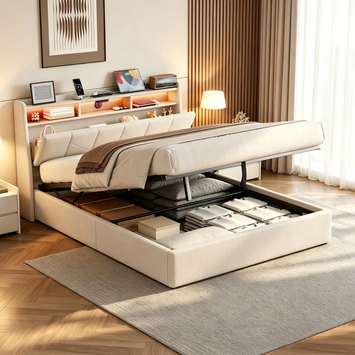 Letto Matrimoniale 160x200 con Contenitore, Letto imbottito LED Testiera con porte USB, TypeC e Presina, Struttura Letto con Rete a Doghe e Testiera con Contenitore, Senza Materasso, Lino Beige