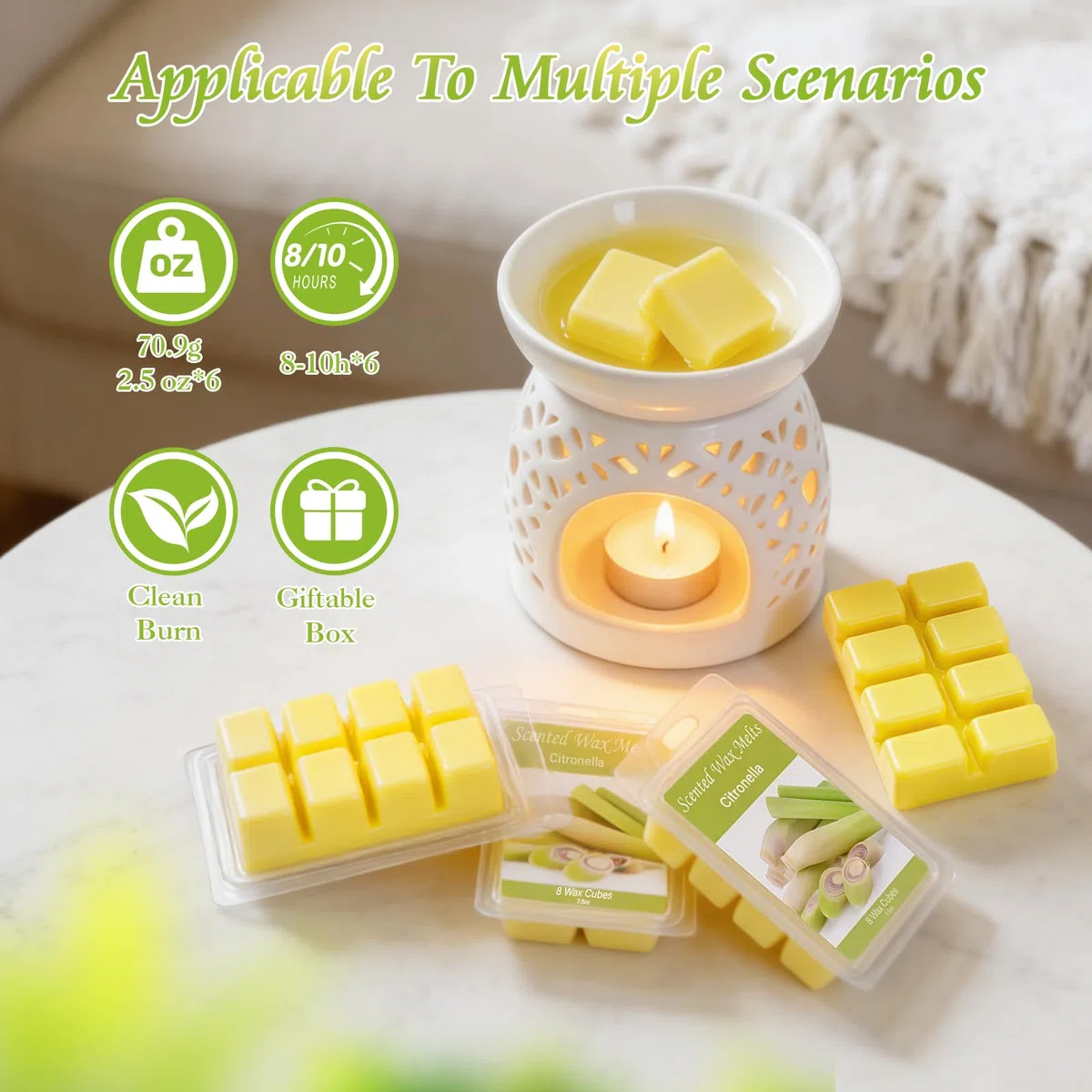 Cera profumata alla citronella per lampada profumata, 6 pezzi di cera profumata alla citronella da 2,5 oz per lampada profumata, cera di soia melts per scaldare candele, citronella regalo per l'estate