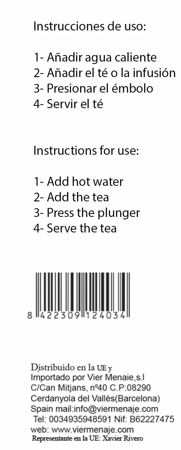 Vier - Caffettiera/teiera francese da 1 litro / 34 Oz. Vetro borosilicato resistente al calore. Filtro in acciaio inox e coperchio nero.