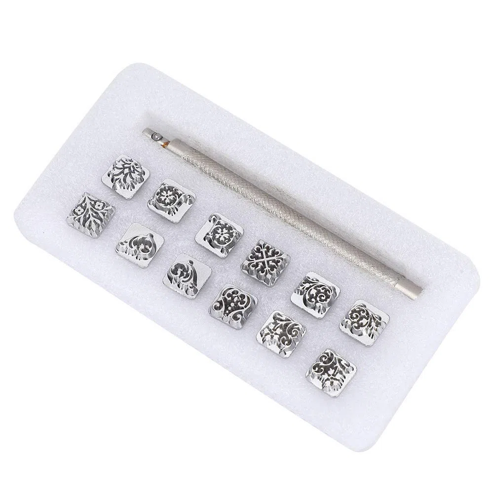 Set di Timbri per Goffratura in Pelle, 12 Pezzi Strumento per Punzonatura per Timbratura Fiore della Dinastia Tang Timbro per Pelle Vegetale Fai-da-te + 1 Pezzo Manico in Metallo
