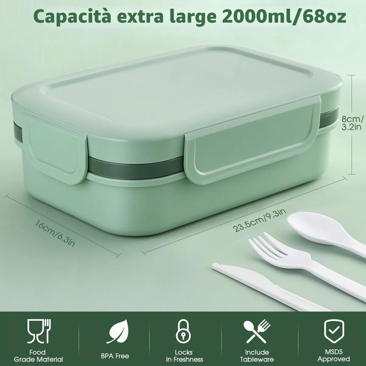 Sinnsally Porta Pranzo con 8 Scomparti 2000ml Schiscetta Pranzo,Bento Lunch Box Prova di Perdite per Adulti Porta Cibo,Portavivande senza BPA con Posate,Sicuri per Microonde e Lavastoviglie(Verde)