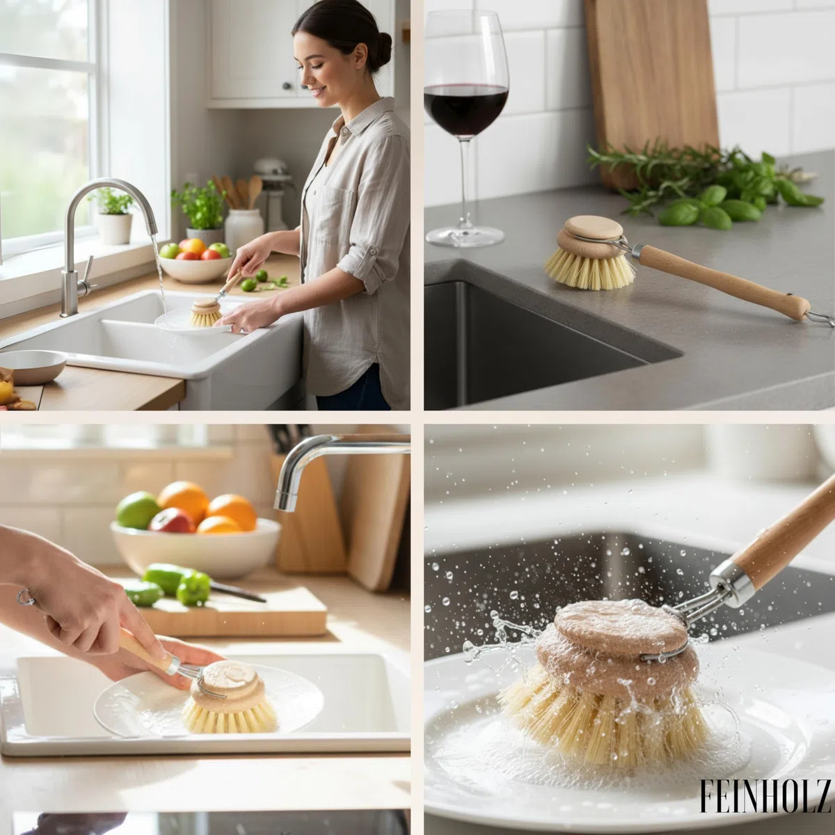 Spazzola Piatti Legno con 3 Testine di Ricambio (Set da 4) – Spazzola per Piatti Ecologica con Setole Naturali – Spazzola Cucina Biodegradabile