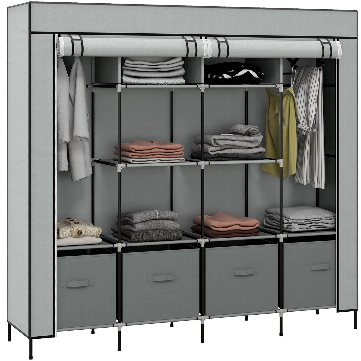 HOMCOM Armadio Portatile in Tessuto non Tessuto e Acciaio, Guardaroba con 10 Ripiani, 4 Cassetti, 2 Barre Appendiabiti e Ante a Cerniera, 166x42.5x169.5cm, Grigio Scuro