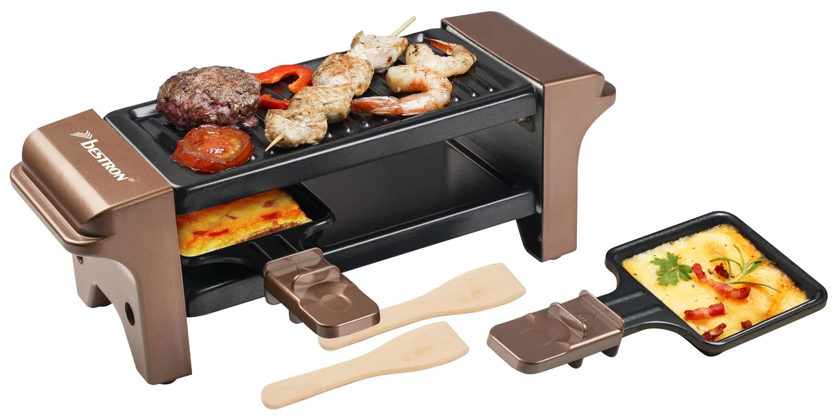 Bestron Mini Raclette per 1-2 Persone, Mini griglia da tavolo con 2 padelline e 2 spatole in legno, Piastra per Raclette con 350 watt, Colore: Rame