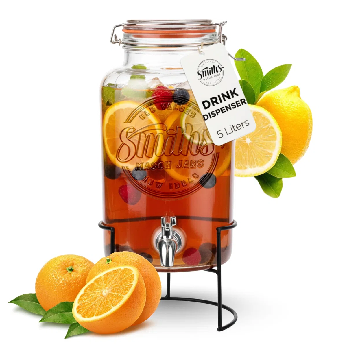 Smith's Mason Jars 5-Litre (169oz) Water Dispenser con rubinetto in acciaio inox, filtri a rete rimovibili e supporto in metallo - Ideale per limonate, bevande fai da te e frutta fresca