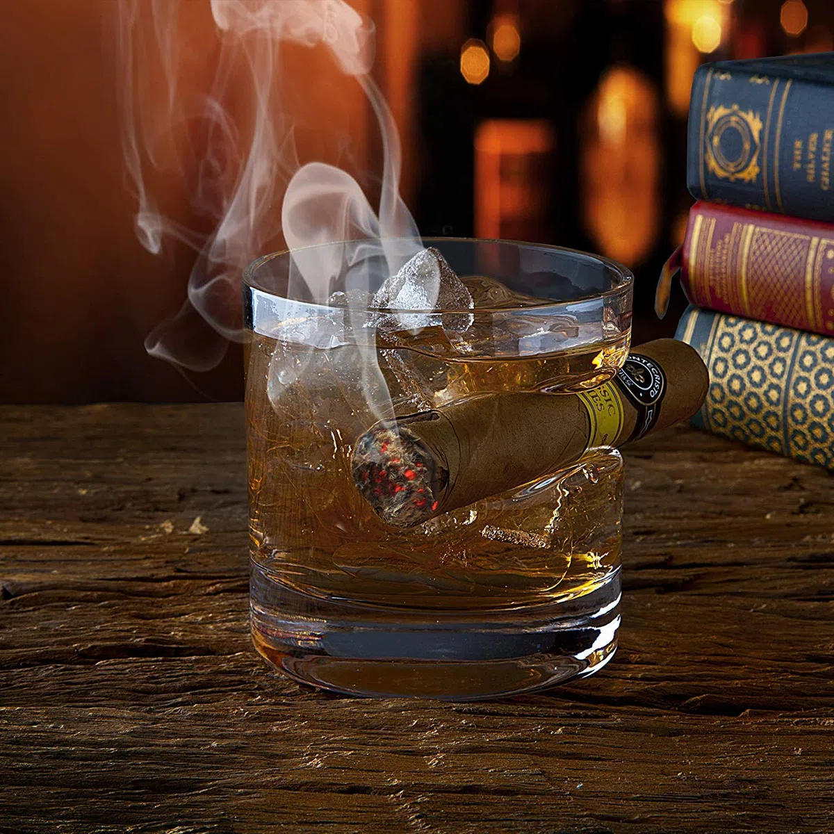 Whisky Cigar Glass, doppio bicchiere vecchio stile con poggia-sigaro integrato, adatto per Whisky, Scotch, birra, vino (onda)