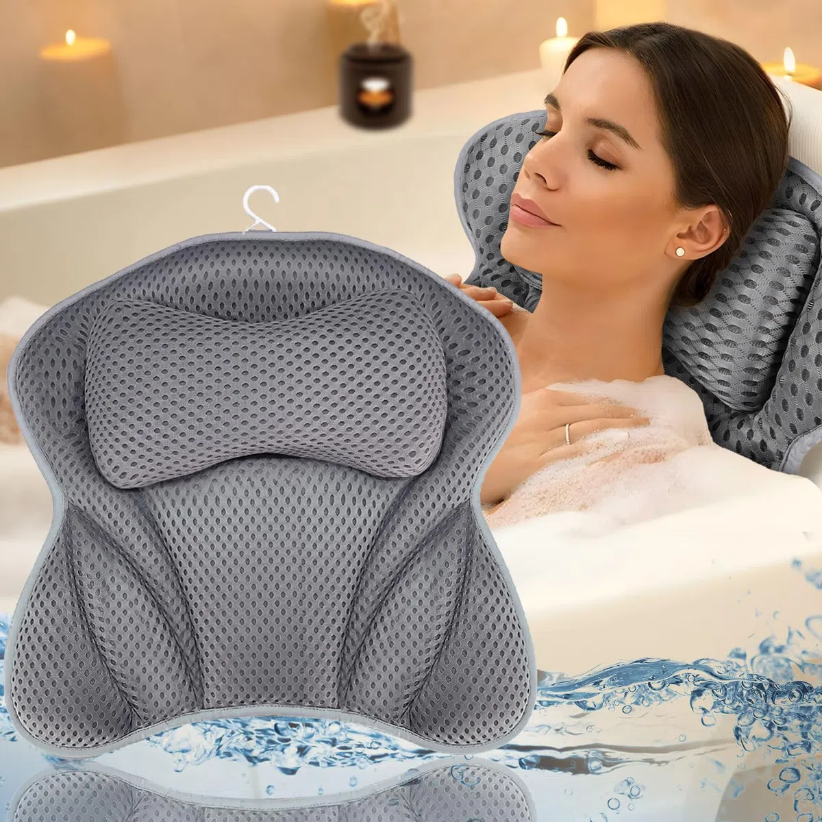 Amzeeniu Cuscino da Bagno,Nuovo Cuscino Per Vasca Da Bagno 4D Air Mesh con 6 Ventose,Cuscini Poggiatesta da Vasca per Vasca da Bagno Cuscino,Home Spa Per Collo Della Vasca E Supporto Per La Schiena