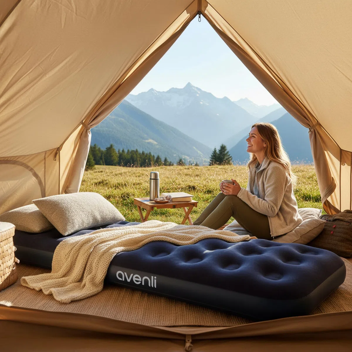AVENLI Materasso Gonfiabile Singolo 191 x 73 x 22 cm, Letto Gonfiabile con Superficie Floccata, Materasso ad Aria per Ospiti, Campeggio, Viaggio e Casa (Blu)