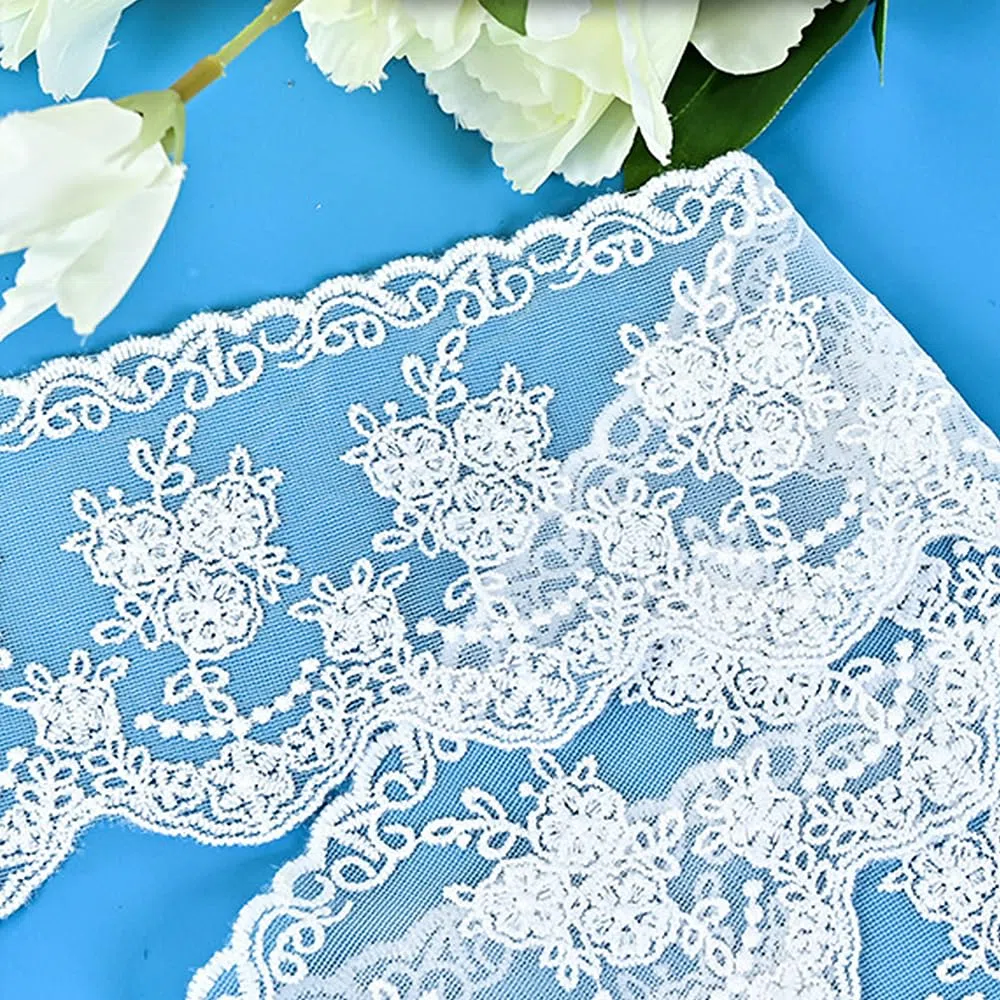 Bordo in pizzo largo 9,5 cm, bordo bianco ricamato non elastico, rifinitura in pizzo per cucire, adatto per decorazioni per abiti da sposa, regali e ornamenti per feste, artigianato fai da te