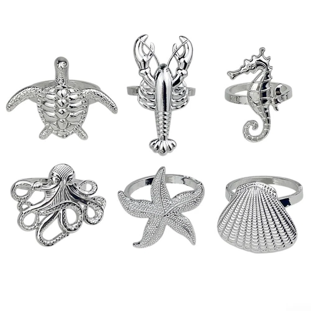 Maritim - Tovaglioli decorativi in metallo, 6 pezzi, motivo: animali marini (argento)