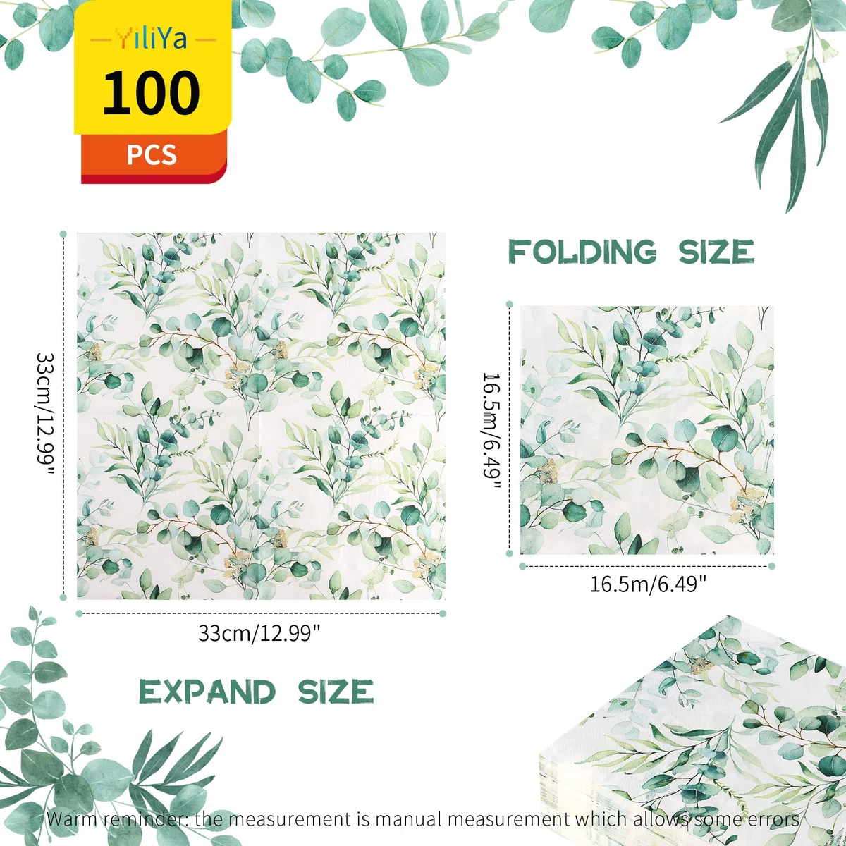 100 Pezzi Tovaglioli di Carta Eucalipto,33 x 33 cm Tovaglioli Verdi Salvia Tovaglioli di Carta Decorati per Tavolo Matrimoni Battesimo Compleanni e Feste