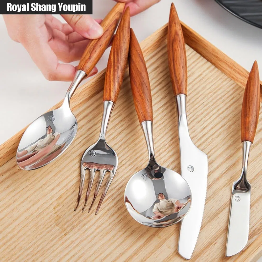Manico in Legno Massello Di Palissandro Cucina Posate in Acciaio Inossidabile Stoviglie Posate Set Coltello Da Bistecca Forchetta Cucchiaio Cucchiaino (7 pezzi)