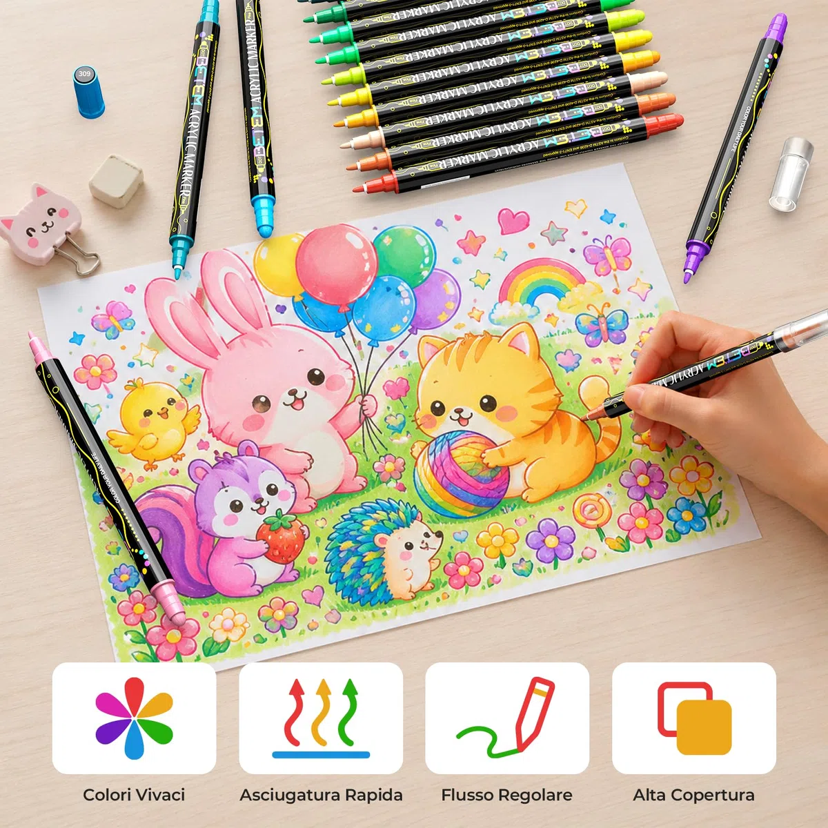 Betem 24 Colori Pennarelli Acrilici Doppia Punta, Pennarelli per Tessuti, Sassi, Dipingere, Legno, Roccia, Pietra, Vetro, Ceramica, Acrylic Marker per Tela