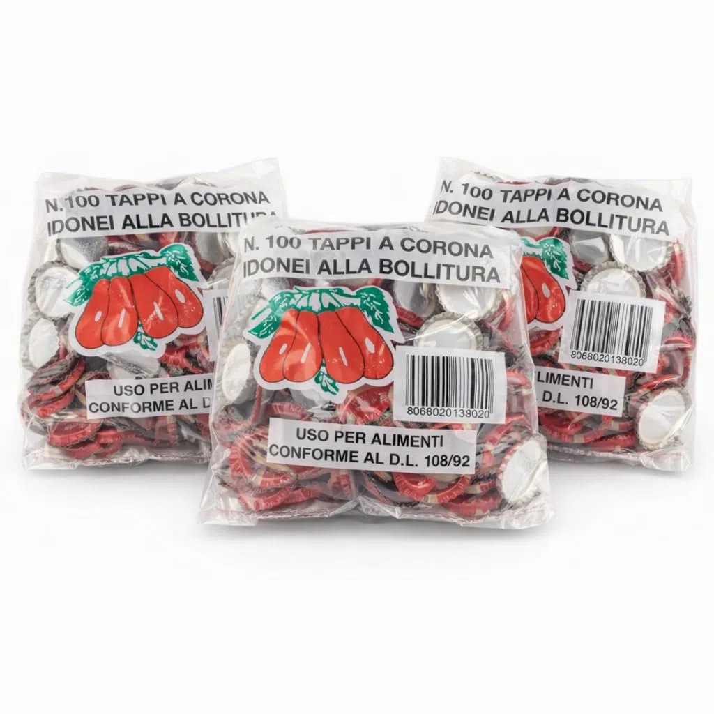 Chianese 300 PZ - Tappi a Corona per Conserve idonei alla Bollitura, Rosso 26 mm, Uso Alimentare per Passata di Pomodoro, (3 Confezioni da 100)
