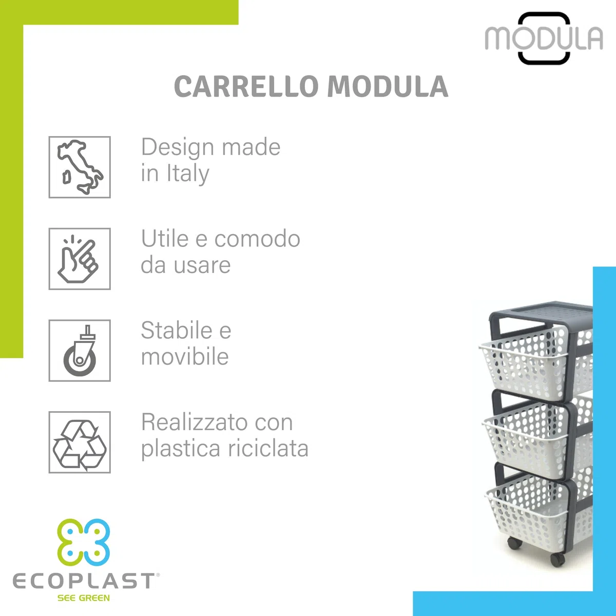 Ecoplast | Carrello con Ruote Portatutto Modula, Carrello Portaoggetti a Tre Piani, Portata Massima 9 kg, Tortora, 41,5x29x75, Made in Italy