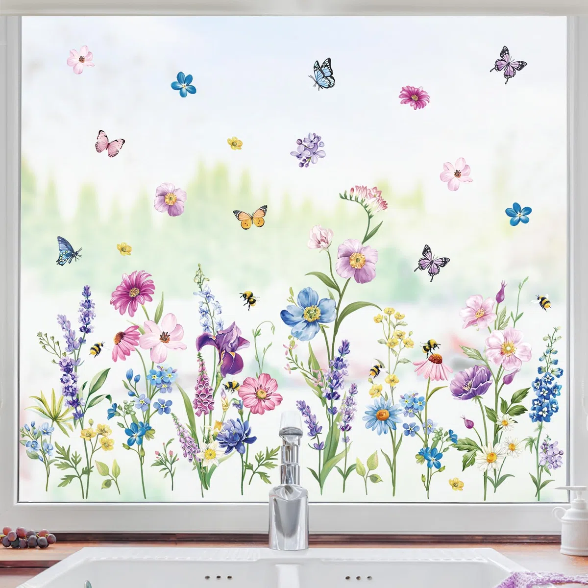 decalmile Adesivi per Finestra Primavera Fiori Decalcomanie per Finestre Non Adesiva Vetro Pellicola Fiore Viola Farfalle Adesivi Anti-Collisione Finestra Vetro Camerette Bambini Cucina