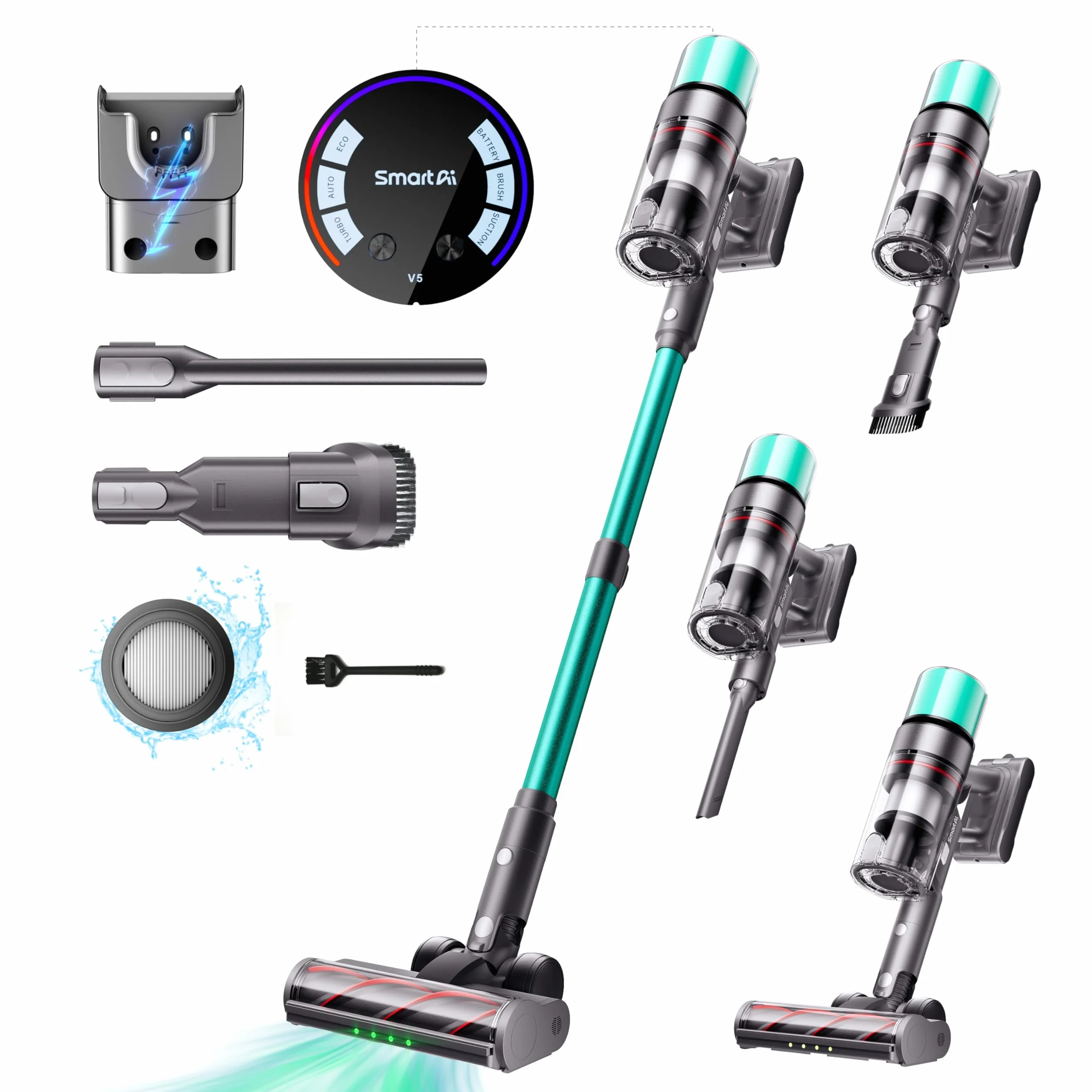 V5 Aspirapolvere senza Fili, 55Kpa/600W/80Mins Autoportante Scopa Elettrica senza Fili con Modalità Automatica, Anti-Avvolgimento Aspirapolvere per Pavimenti/Tappeti/Peli Animali
