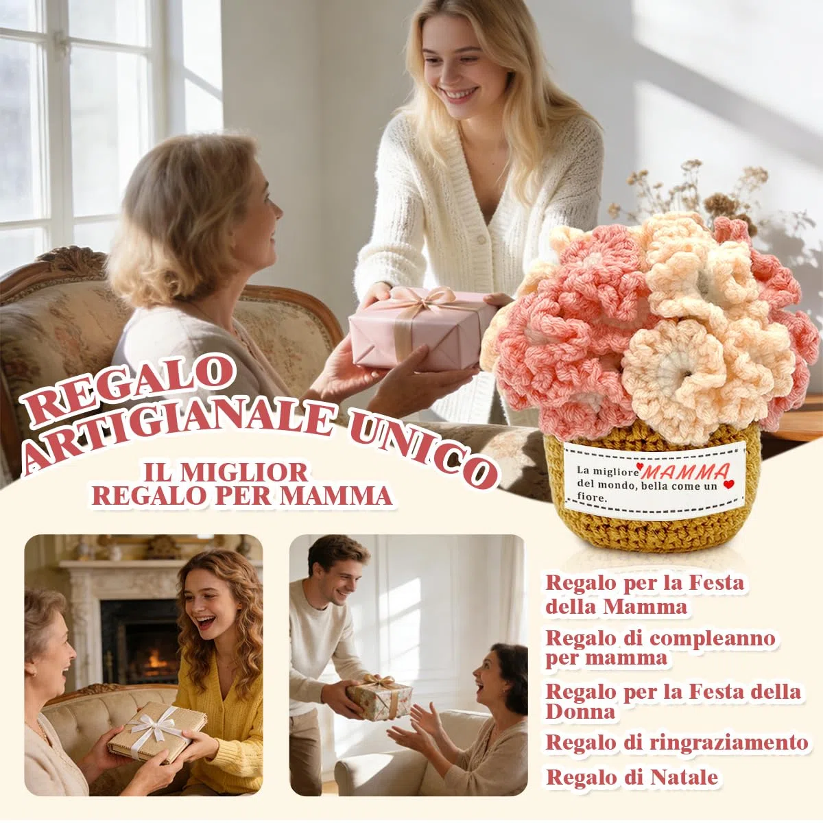 Regalo Mamma, Regalo Mamma Compleanno Decorazioni per la Vaso con Garofani all'uncinetto, la Migliore Idea regalo per la festa della mamma