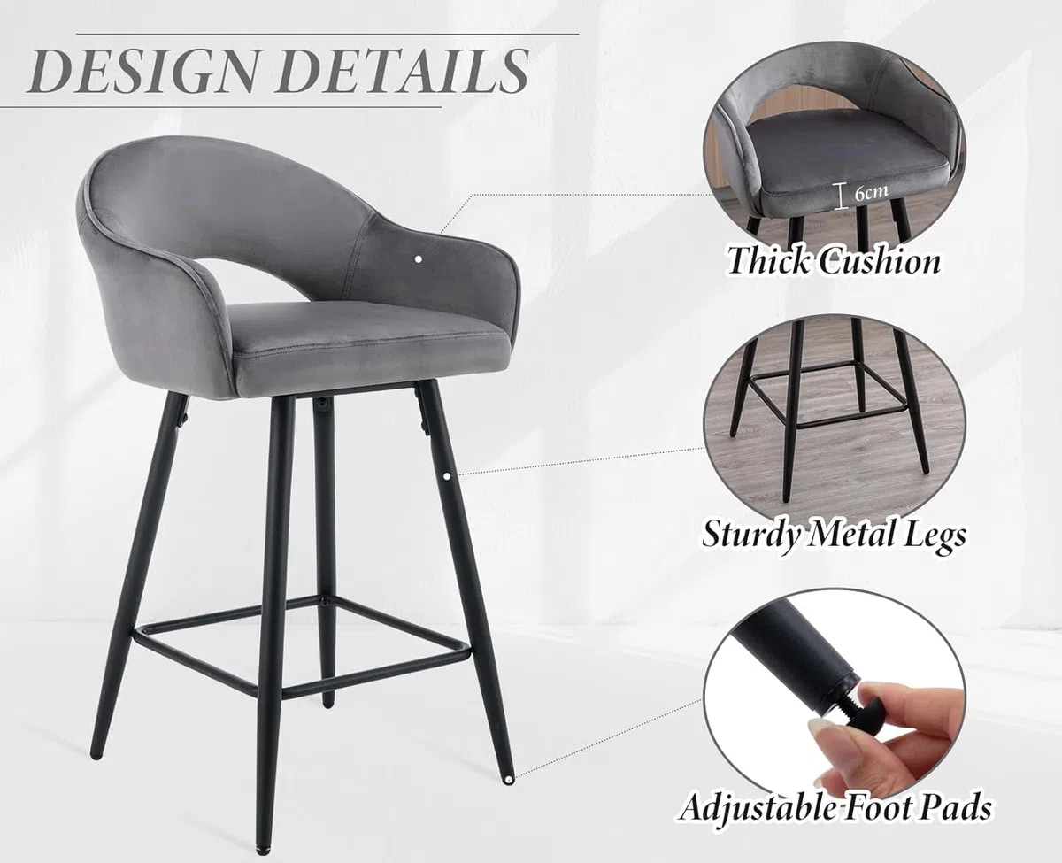 chairus Set di 2 Sgabelli da Bar in Velluto Sgabelli Cucina Sgabelli Alti Sgabello Girevole con Gambe in Metallo per Bancone/Cucina, Grigio