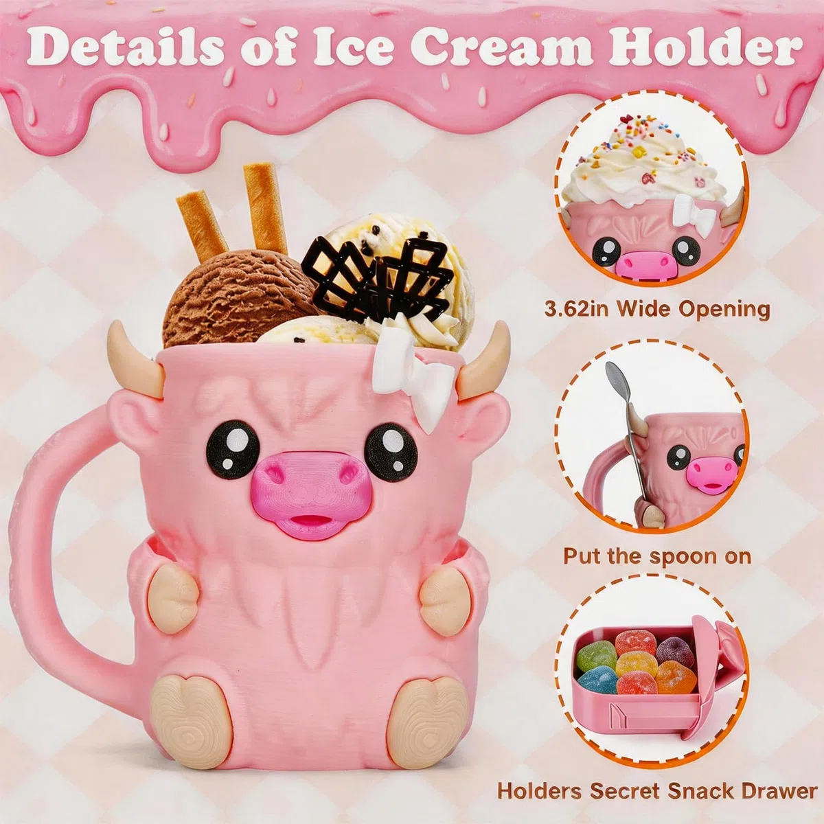 Porta gelato, con manico, a forma di mucca delle Highland, con manico, a prova di perdite, per amanti delle mucche delle Highland (rosa)