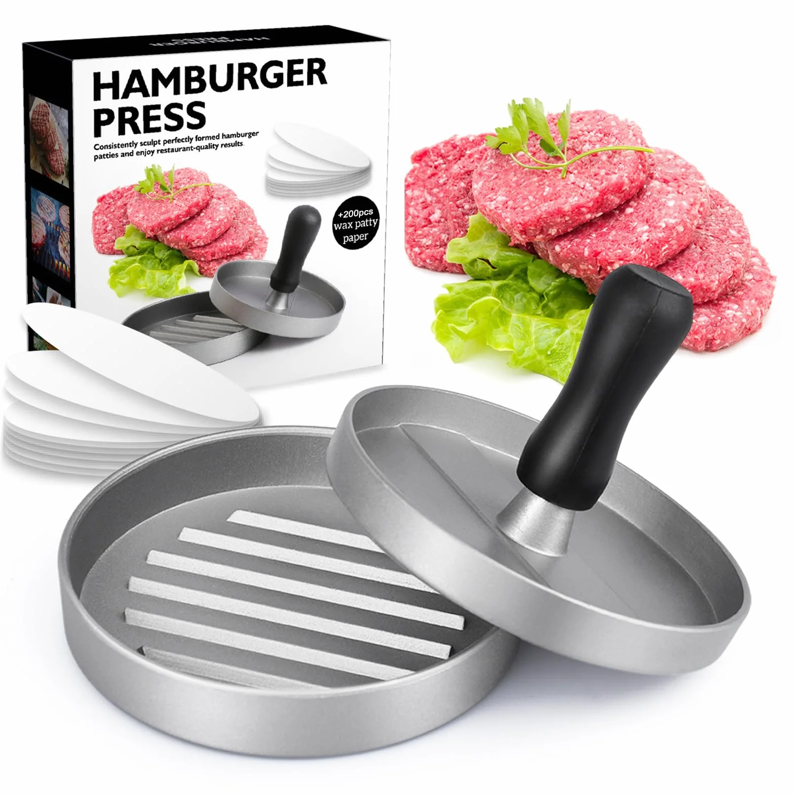 Pressa per Hamburger Pressa Stampa in Alluminio + 200 Carta Antiaderente,Pressa per Hamburger in Alluminio,Rotondi Hamburgher Attrezzo per Patty, BBQ, Grill e Cucina