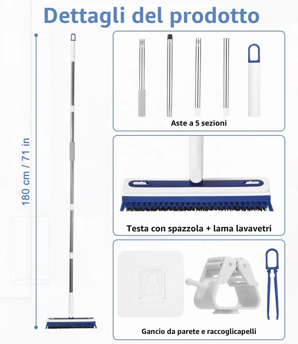 Spazzolone per Pavimenti 2 in 1 con Tira Acqua e Setole Rigide, Manico in 5 Parti Estensibile Fino a 1,8 m, per Bagno, Cucina, Piscina, Garage, Spazzolone Esterni, Spazzola Lavapavimenti