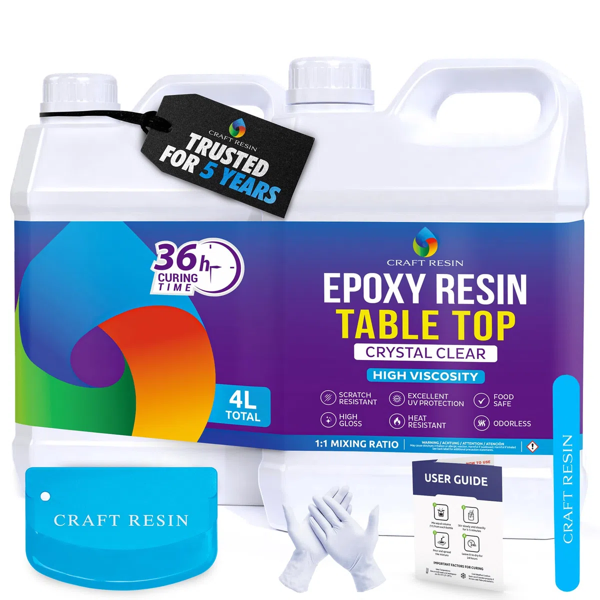 CRAFT RESIN 4L Resina Epossidica per Tavolo – Resina Epossidica Trasparente Kit, Resistente ai Raggi UV, Alto Lucido, Autolivellante – per Piani di Lavoro & Banconi – per Legno, Superfici