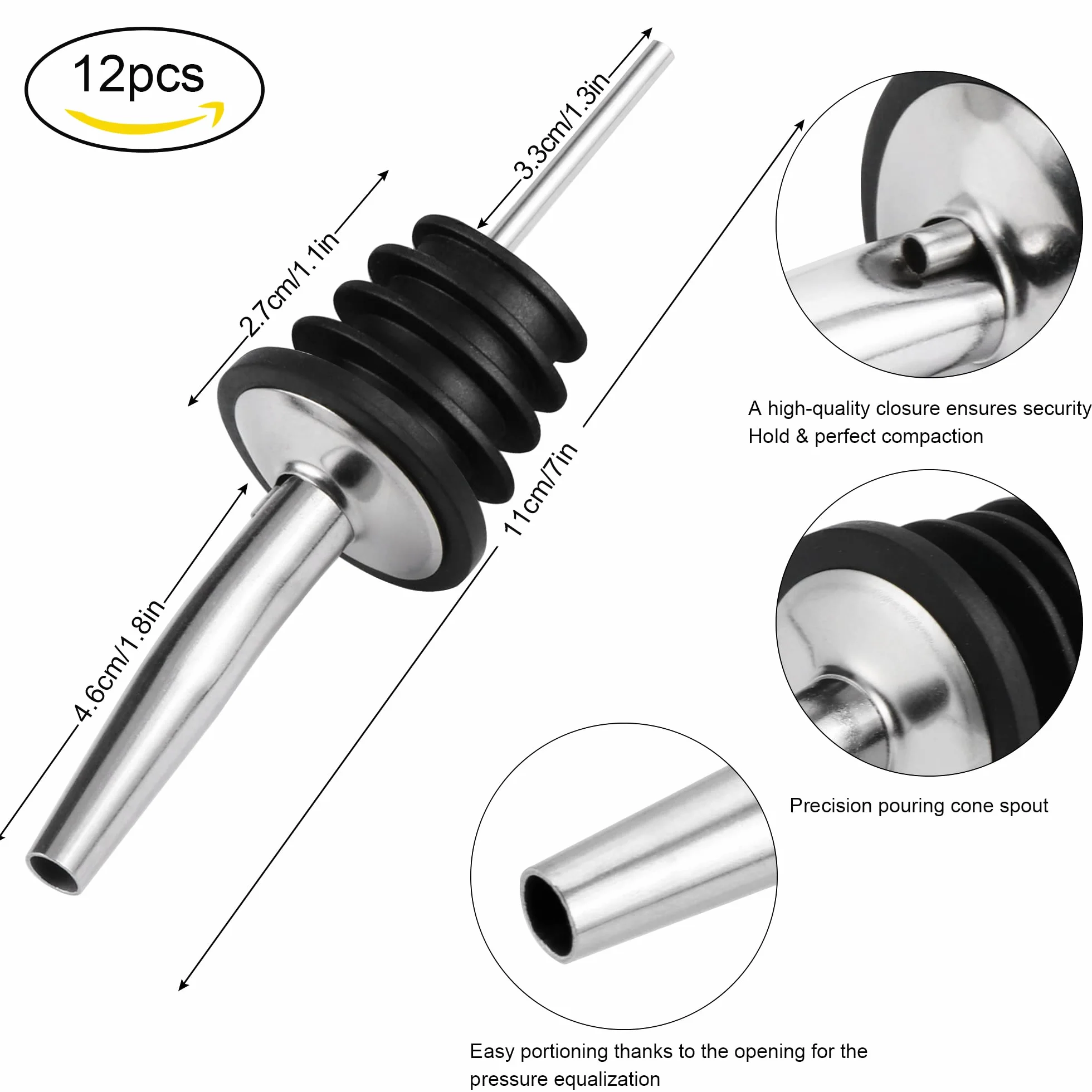 JSMTKJ 12 Pezzi Versatori in Acciaio Inox Beccuccio Conico Liquore Bottiglia Versatore Tappo Versatore Salvagoccia con Cappucci di Gomma per Cocktail Liquore Vino Olio Aceto