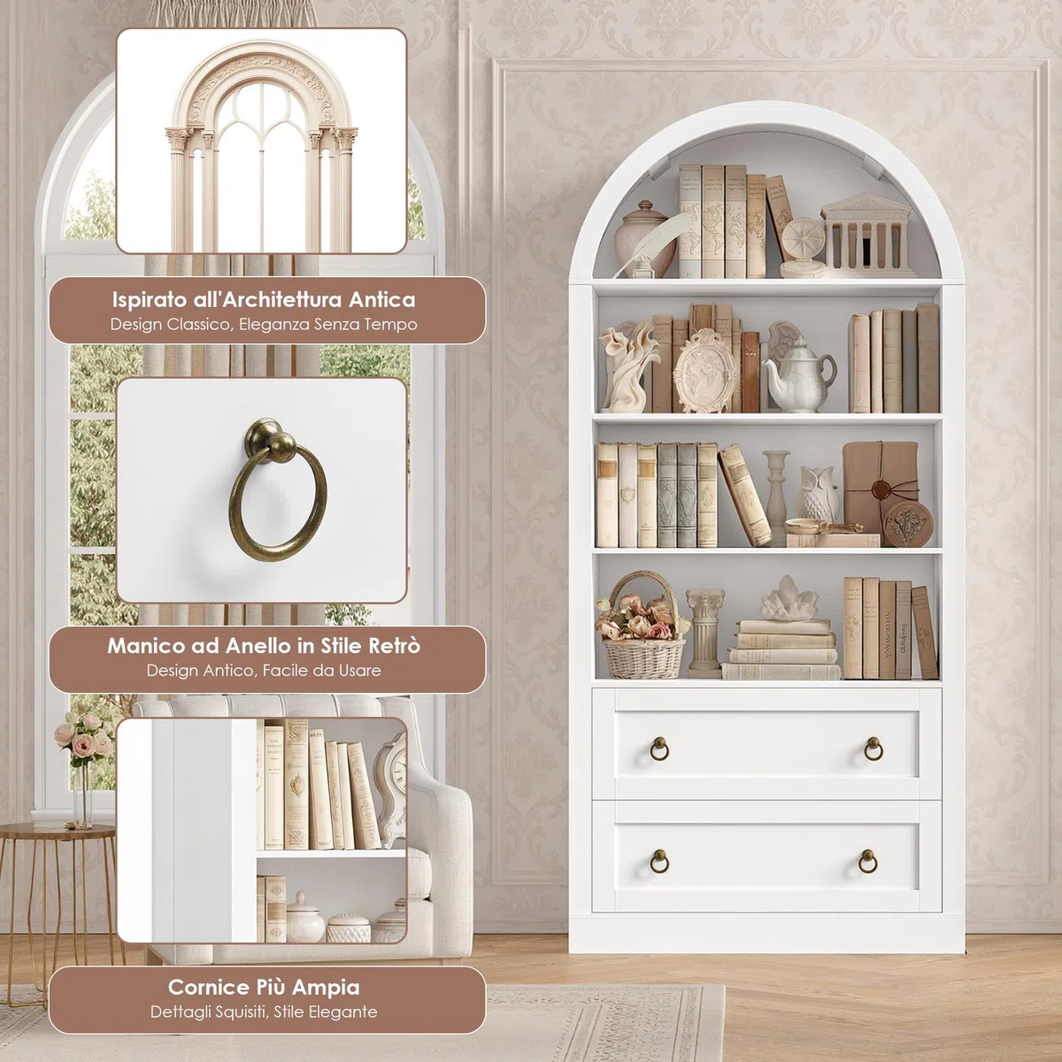 FirFurd 177 cm Libreria Verticale, Libreria ad Arco a 2 Cassetti, Vetrina Espositiva con 4 Scomparti Aperti, Scaffale ad Arco, per Soggiorno, Studio, Ufficio, Cucina, 79,5x36x177 cm (Bianco)
